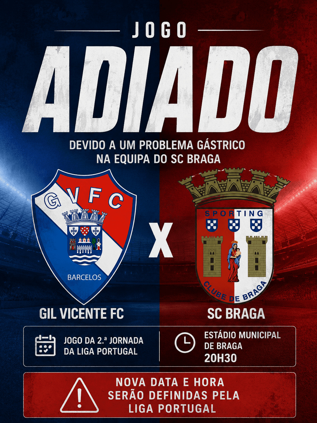 Braga–Gil Vicente adiado devido a problema gastrointestinal da equipa bracarense