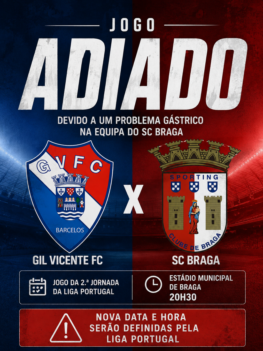 Braga–Gil Vicente adiado devido a problema gastrointestinal da equipa bracarense